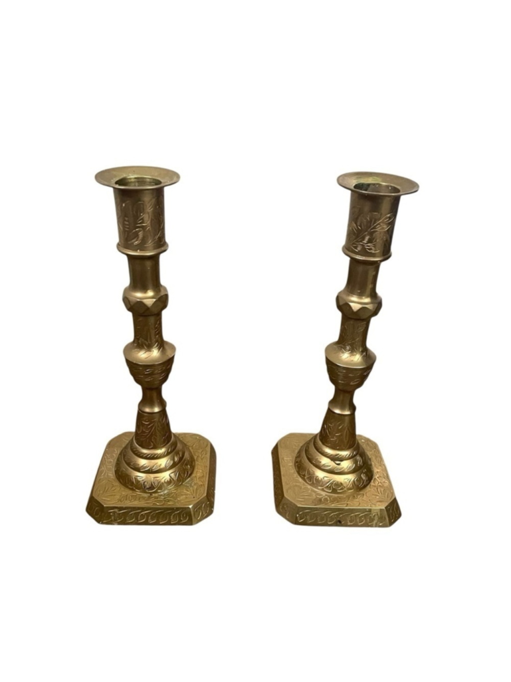 VINTAGE Set of 2 Brass Etched Candlestick Holders 9” - Picture 3 of 12
